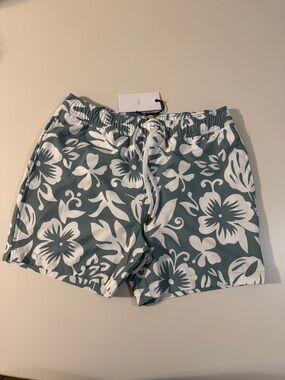 Onia Teal and White Floral Swim Board Shorts